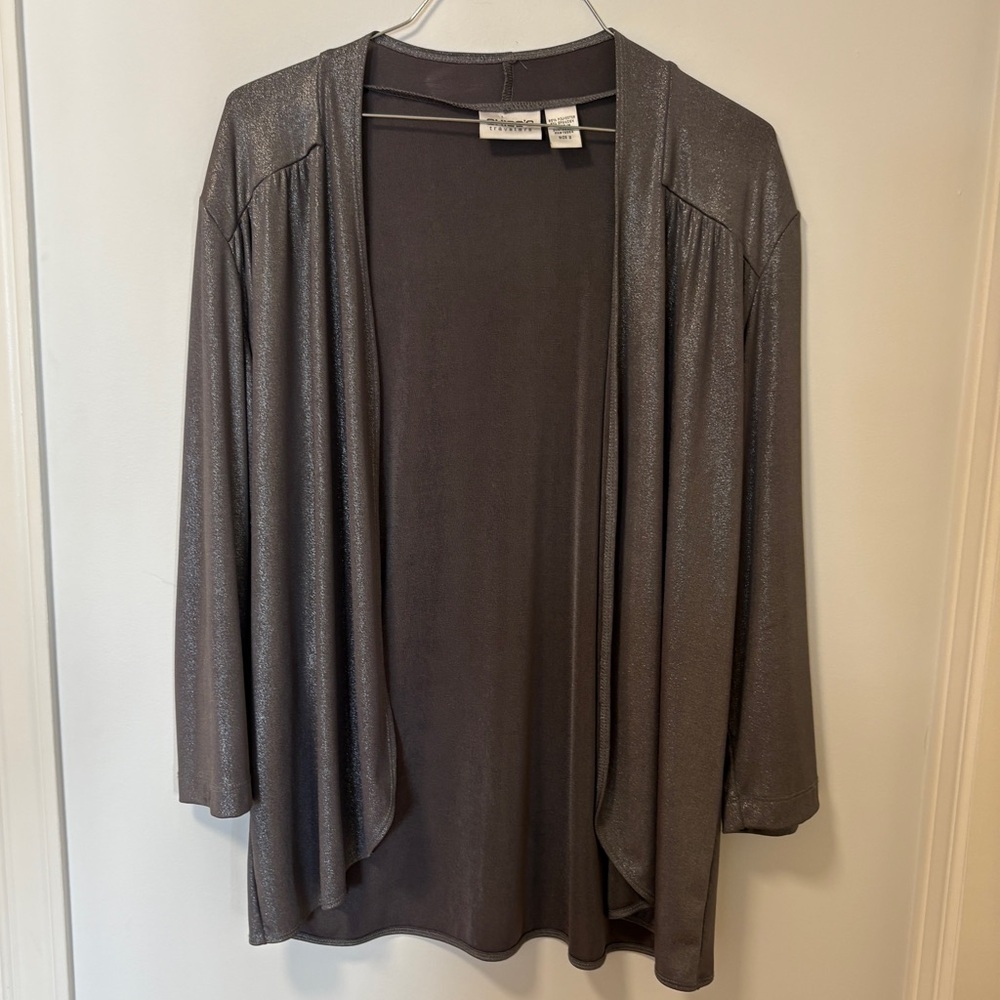 Chico's Travelers Silver Metallic Slinky Open Front Cardigan Size 2